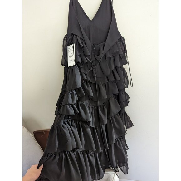 ZARA WOMAN STRAPPY RUFFLED MIDI LONG TIER DRESS BLACK  REF: 8777/830 S,M,L - Picture 12 of 12